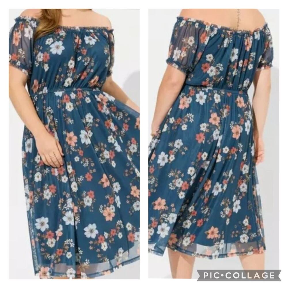 Torrid Blue Floral Mesh Off Shoulder Midi Dress Plus Size 4X